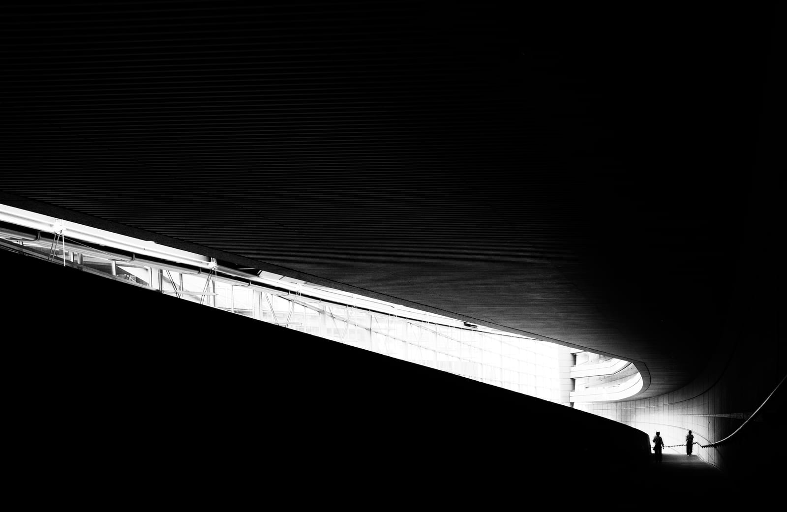 Black-and-white photograph of a vast dark ribbed canopy sweeping across the frame, with a brightly lit curved opening at lower right where two small figures stand at a railing.